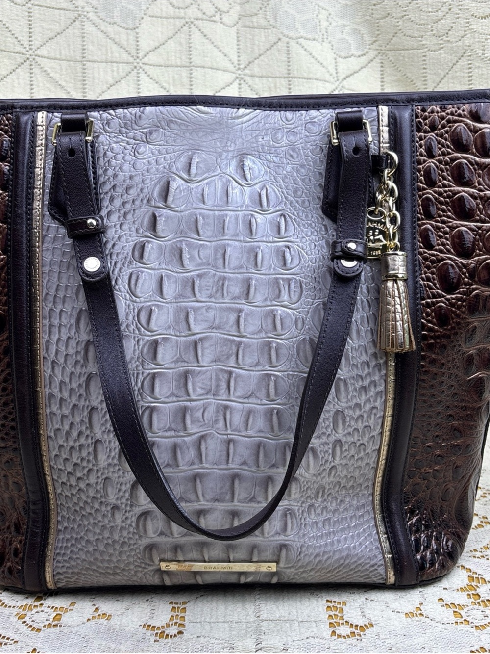 Brahmin Large Asher Quill Greco Melbourne Tote Croc-Embossed Leather Purse